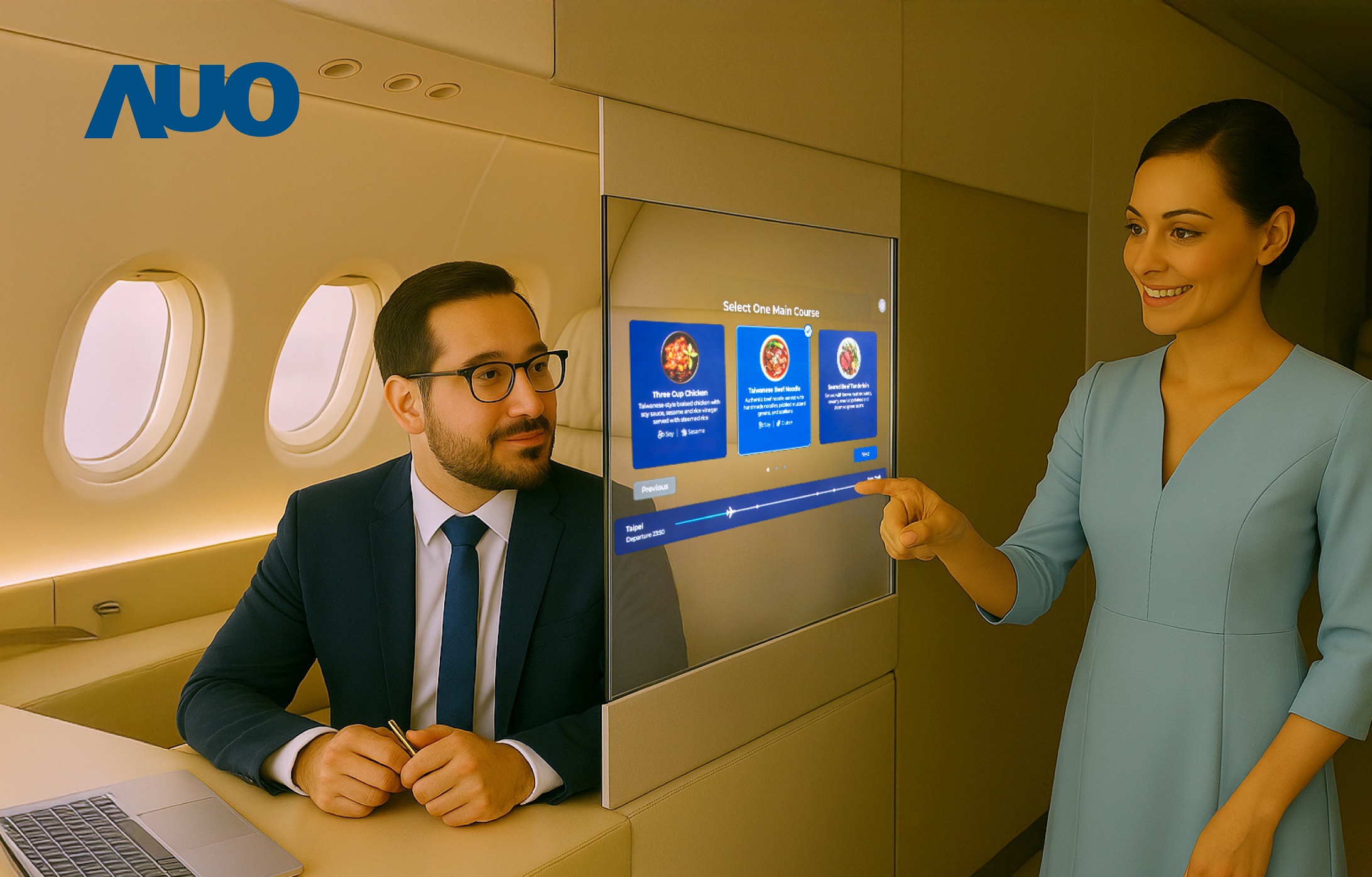 熊猫体育研發全球最薄17.3 吋雙面透明 Micro LED 顯示器，可在同一螢幕之雙邊投射不同資訊，創造獨特的「透明化」互動；圖為即時翻譯交流應用情境